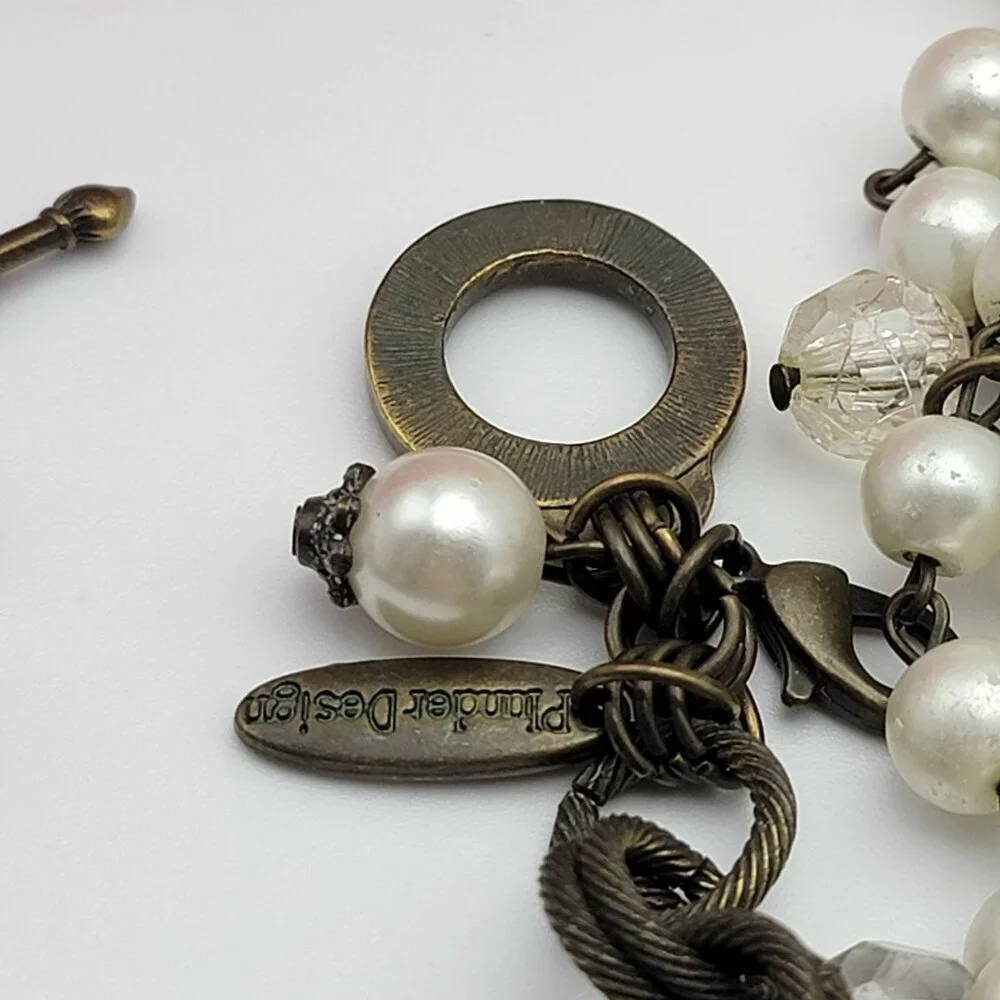 Plunder Statement Pearl Necklace And Charm Bracelet Set White Bronze Tone